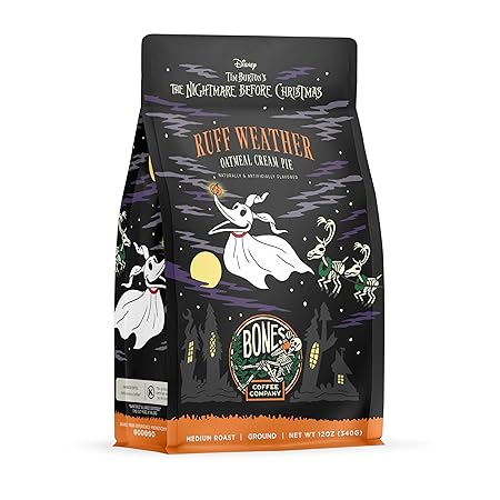 Bones Coffee Company The Nightmare Before Christmas Ruff Weather Flavored Coffee Beans, Medium Roast Ground Coffee Low Acid, Oatmeal Creampie Flavor (12 oz)