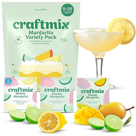 Craftmix Margarita Variety Pack Cocktail & Mocktail Drink Mixer, Skinny Mixes - Water Flavoring Packets - Made With Real Fruit - Vegan Low-Carb, Low-Sugar, Non-GMO, Dairy Free, Gluten Free, 12 Pack