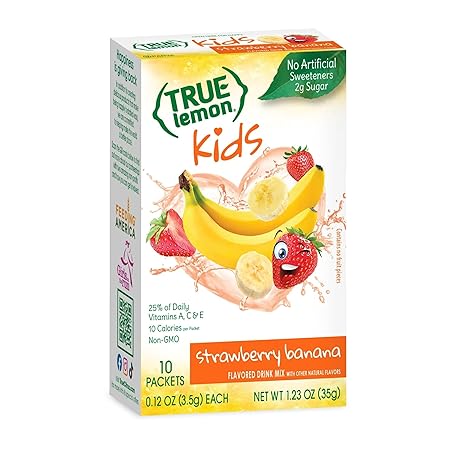 TRUE LEMON Strawberry Banana Kids Drink Mix (10 Packets) - No Preservatives or Artificial Flavors - Low Sugar Hydration Powder for Kids