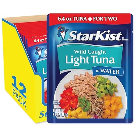 StarKist Chunk Light Tuna in Water, 6.4 oz Pouch (12 Pack) Ready to Eat Wild Caught Tuna, 19g Protein Per Serving, 80 Calories Per Serving, Gluten Free, Soy Free, Kosher, Perfect for Meals and Snacks