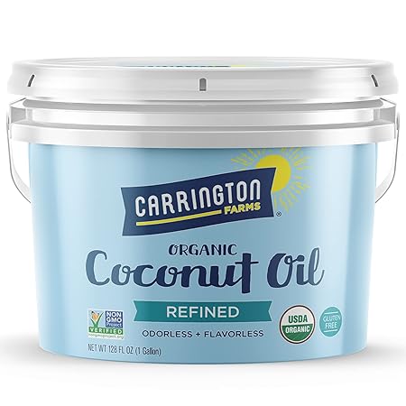 Carrington Farms Organic Refined Coconut Oil, 1 Gallon, Cold-Pressed, Non-GMO, Gluten-Free, Perfect for Cooking, Baking, Skin Care, Hair Oil, MCTs, 128 fl oz – Nutrient-Rich, No Trans Fats