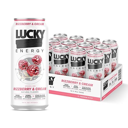 Lucky Energy Sugar Free Energy Drinks, Rizzberry and Cream, 16oz Cans (12-Pack) Healthy, Zero Sugar Energy Drink with Maca, Ginseng, Beta-Alanine, Taurine & 200mg Caffeine