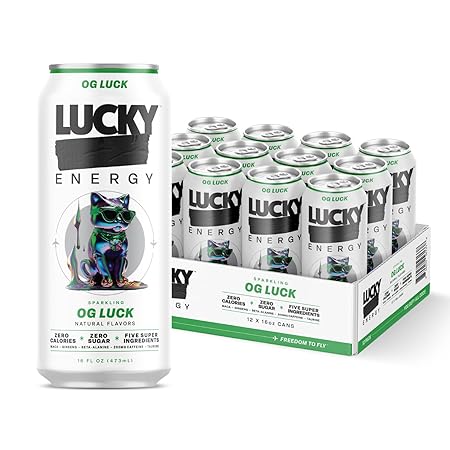 Lucky Energy Sugar Free Energy Drinks 16 Fl Oz Cans (12-Pack) Healthy Energy Drink. OG Luck with Maca, Ginseng, Taurine, Beta-Alanine, 200mg Caffeine