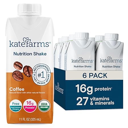 KATE FARMS Organic Nutrition Shake, Coffee, 16g protein, 27 Vitamins and Minerals, Protein Meal Replacement Drink, Plant Based, 11 oz (6 Pack)
