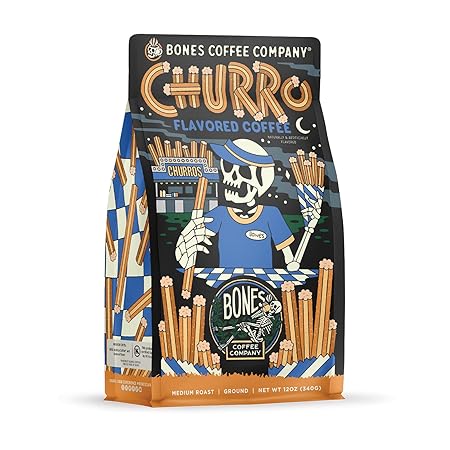 Bones Coffee Company Churro, Sweet Sugary Cinnamon Flavored Coffee, Medium Roast Low Acid Arabica Beans Compatible with Auto drip and French Press Coffee Maker, 12 Oz Ground