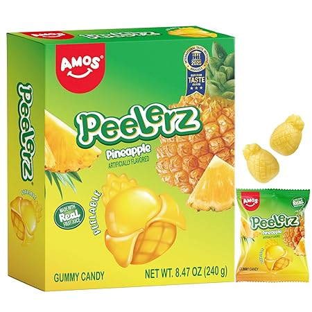 AMOS Peelerz Pineapple Gummy Candy, Peelable Fruit-Shaped Candy, 8.47oz Box with 10 Individual Packs – Fun Peeling Gummy Snack Made with Real Juice