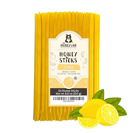 The Honey Jar Lemon Flavored Honey Sticks - Pure Honey Straws For Tea, Coffee, or a Healthy Treat - One Teaspoon of Flavored Honey Per Stick - Made In The USA with Real Honey - (50 Count)