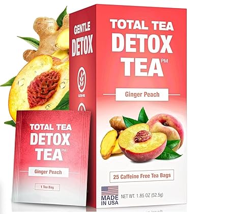 Total Tea SIimming Detox Tea Caffeine Free - 25 Day Detox - Weight l0ss for women with Chamomile, Hibiscus Tea & Ginger Root for Colon Cleanse – Natural Herbal Ginger & Peach Tea for Digestive Health