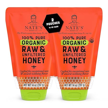 Nature Nate's 100% Pure USDA Organic Raw & Unfiltered Honey, Two 14 oz. No-Drip Sustainable Squeeze Pouches; Purity Guarantee, No Additives