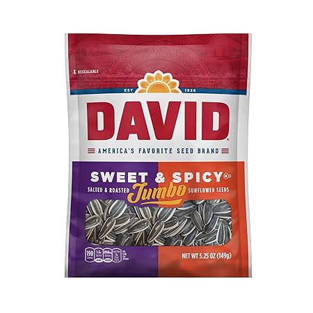 DAVID Roasted and Salted Sweet and Spicy Jumbo Sunflower Seeds, Keto Friendly, 5.25 oz, 12 Pack