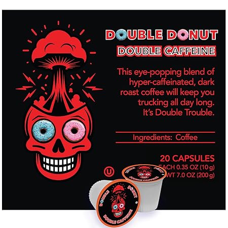 Double Donut High Caffeine Coffee Pods, Extra Strong Double Caffeine Dark Roast Coffee,Compatible with Keurig K Cups Brewers, 20 Count