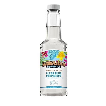 Hawaiian Shaved Ice Clear Blue Raspberry Syrup - Nut Soy Dairy & Dye Free - Flavor Fluffy & Crunchy Snow Cones - Shelf Stable - Makes 8 Servings - 16 ounces