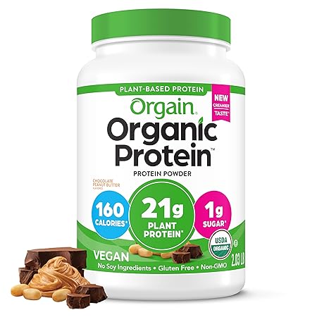 Orgain Organic Vegan Protein Powder, Chocolate Peanut Butter - 21g Plant Protein, 6g Prebiotic Fiber, Low Net Carb, No Lactose Ingredients, No Added Sugar, Non-GMO, For Shakes & Smoothies, 2.03 lb