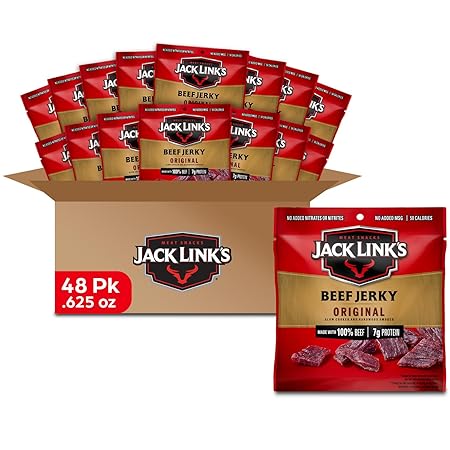 Jack Link's Beef Jerky, Original, Multipack Bags - Flavorful Meat Snacks for Lunches, Ready to Eat Protein Snacks, Individual Packs - 7g of Protein, Made with 100% Beef - 0.625 oz (Pack of 48)