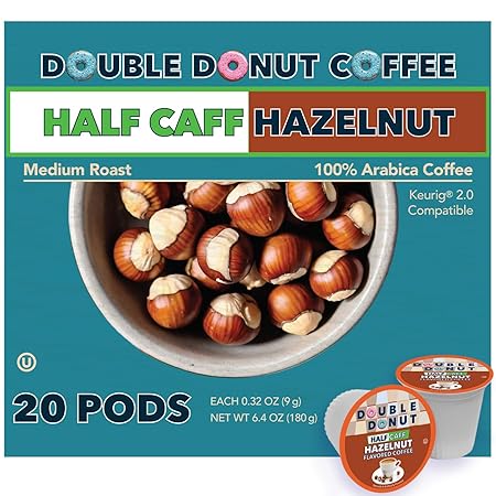 Double Donut Hazelnut Half Caff Coffee Pods, Single Serve Flavored Half Caffeine Coffee Pods For Keurig K Cup Brewers, Medium Roast, 20 Count