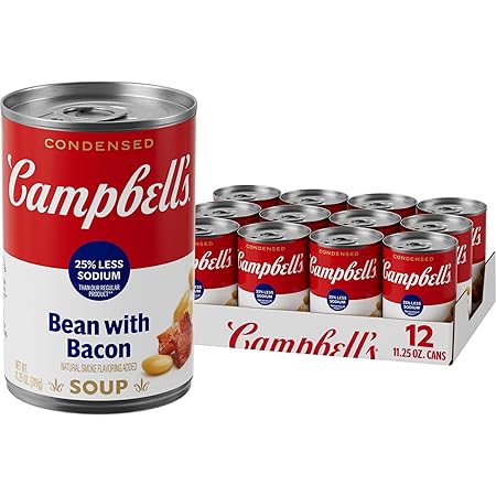 Campbell's Condensed 25% Less Sodium Bean With Bacon Soup, Natural Smoke Flavoring Added, 11.25 oz Can (Case of 12)