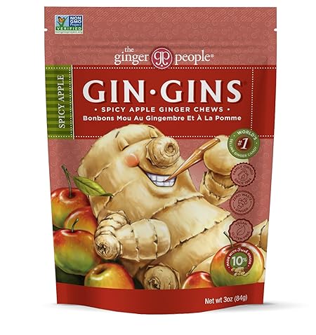 GIN GINS Spicy Apple Ginger Chews – 100% Natural Candy by The Ginger People – Individually Wrapped Healthy Treats - Made with the Fresh Rhizome – Spicy Apple Flavor – 3oz Bag – Pack of 12