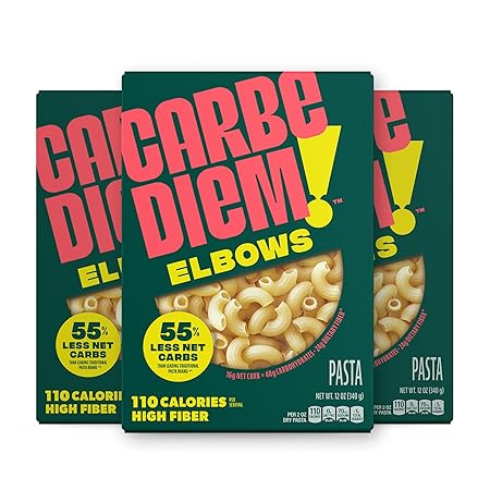 Carbe Diem!, Elbows, Lower Net Carb Pasta with Traditional Flavor & Texture, 8 grams of Protein, 55% Fewer Net Carbs & Only 110 Calories Per Serving, Pack of 3
