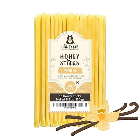 The Honey Jar Vanilla Flavored Honey Sticks - Pure Honey Straws For Tea, Coffee, or a Healthy Treat - One Teaspoon of Flavored Honey Per Stick - Made In The USA with Real Honey - (50 Count)