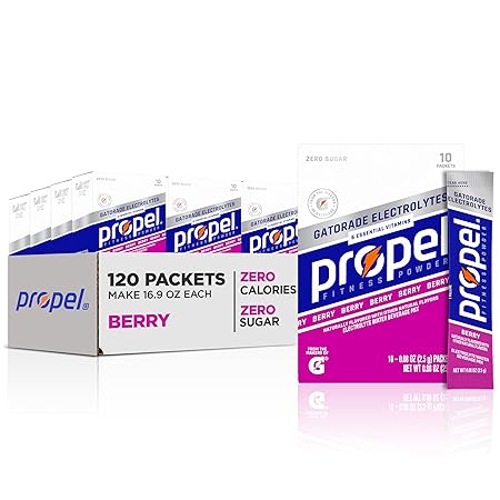 Propel Electrolyte Enhanced Water Drink Mix Powder Packets, Berry, Zero Calorie & Zero Sugar Hydration with Electrolytes and Vitamins C & E (120 Packets)