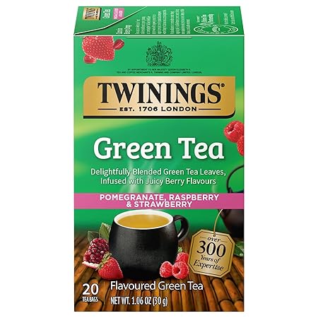 Twinings Green Tea with Pomegranate, Raspberry, & Strawberry Individually Wrapped Bags, 20 Count (Pack of 1), Caffeinated, Enjoy Hot or Iced, 20 Teabags