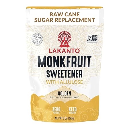 Lakanto Golden Monk Fruit Sweetener With Allulose, Raw Cane Sugar Substitute From Monk Fruit Extract, Raw Sugar Replacement for Baking, Coffee & Tea, Gluten Free, Low Carb, Non GMO, Keto, 8 OZ Bag