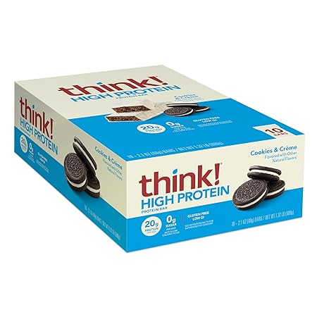 think! Protein Bars, High Protein Snacks, Gluten Free, Kosher Friendly, Cookies and Crème, Nutrition Bars, 2.1 Oz per Bar, 10 Count (Packaging May Vary)