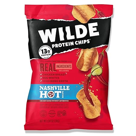 WILDE Protein Chips Nashville Hot, Thin and Crispy High Protein Snacks, Keto Friendly, Low Carb Chips, Real Ingredients, 1.34 Ounce (Pack of 8)