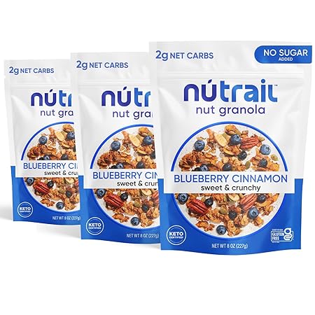 NuTrail Nut Granola Cereal, Blueberry Cinnamon, No Sugar Added, Gluten Free, Grain Free, Keto, Low Carb, Healthy Breakfast Cereal 8 oz. 3 Count