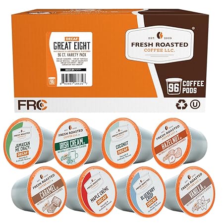 Fresh Roasted Coffee, The Decaf Great Eight, Flavored Coffee Pod Variety Pack, K-Cup Compatible, 96 Count