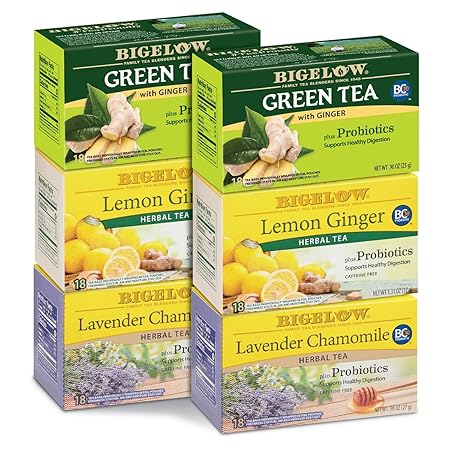 Bigelow Tea Probiotic 3 Flavor Tea Variety Pack, Caffeinated and Caffeine Free Green Tea Bags and Herbal Tea Bags, 18 Count Box (Pack of 6), 108 Total Tea Bags