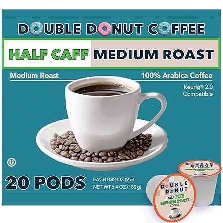 Double Donut Half Caff Coffee Pods, Single Serve Half Caffeine Coffee Pods For Keurig K Cup Brewers, Medium Roast, 20 Count