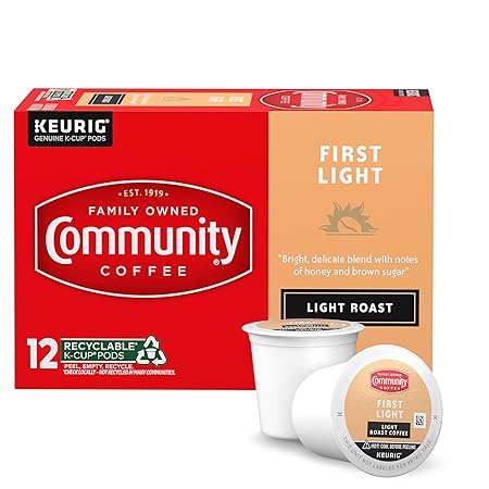 Community Coffee First Light, 12 Keurig Coffee Pods, Light Roast, Compatible with all K-Cup Brewers, 12 Count (Pack of 1)