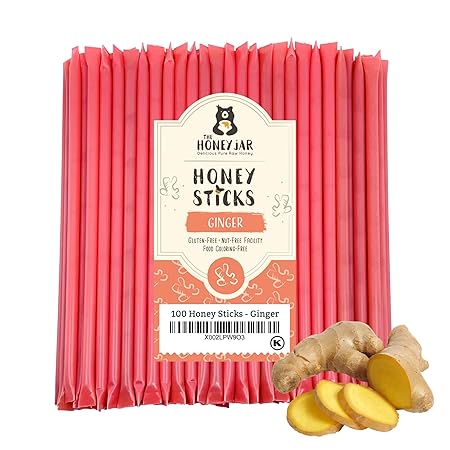 The Honey Jar Ginger Flavored Honey Sticks - Pure Honey Straws For Tea, Coffee, or a Healthy Treat - One Teaspoon of Flavored Honey Per Stick - Made In The USA with Real Honey - (100 Count)