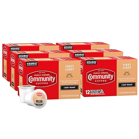 Community Coffee First Light, 72 Keurig Coffee Pods, Light Roast, Compatible with all K-Cup Brewers, 12 Count (Pack of 6)