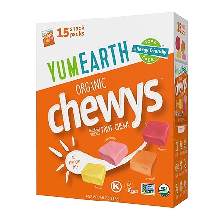 YumEarth Organic Chewys Fruit Flavored Candy Chews - Allergy Friendly, Gluten Free, Non-GMO, Vegan, No Artificial Flavors or Dyes - Assorted Flavors, 7.5 oz.