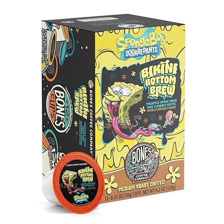 Bones Coffee Company Spongebob Bikini Bottom Brew, Pineapple Upside Down Cake Flavored Coffee Pods, Low Acid Medium Roast Single-Serve Bones Cups, For 1.0 & 2.0 Capsule Brewers Coffee Maker, 12 Count