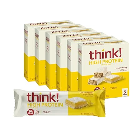 think! Protein Bars, High Protein Snacks, Gluten Free, Sugar Free Energy Bar with Whey Protein Isolate, Lemon Delight, Nutrition Bars without Artificial Sweeteners, 2.1 Oz (30 Count)