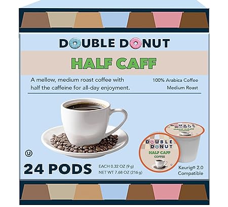 Double Donut Half Caff Coffee Pods, Single Serve Half Caffeine Coffee Pods For Keurig K Cup Brewers, Medium Roast, 24 Count