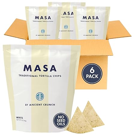MASA Tortilla Chips Snack Pack - Seed Oil Free Snacks, Organic Chips Tortilla - Gluten & Dairy Free, Naturally Grown Corn Chip - Made with Grass Fed Tallow & Sea Salt (6 Pack, 5oz Each - White Corn)