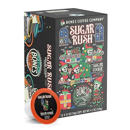 Bones Coffee Company Flavored Coffee Bones Cups Sugar Rush Flavored Pods | 12ct Single-Serve Coffee Pods Compatible with Keurig 1.0 & 2.0 Keurig Coffee Maker