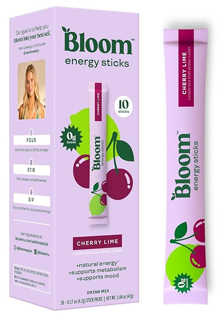 Bloom Nutrition Energy Drink Powder Packets, Sugar Free Energy Drink Mix with L-Theanine, B Vitamins & Natural Caffeine, On the Go Powder Sticks for Natural Energy, 10 Calories (10 Pouches (Pack of 1), Cherry Lime)