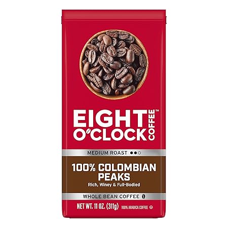 Eight O'Clock Coffee 100% Colombian Peaks Whole Bean Coffee, Medium Roast, 11 Ounce (Pack of 6) - Rich, Winey & Full Bodied