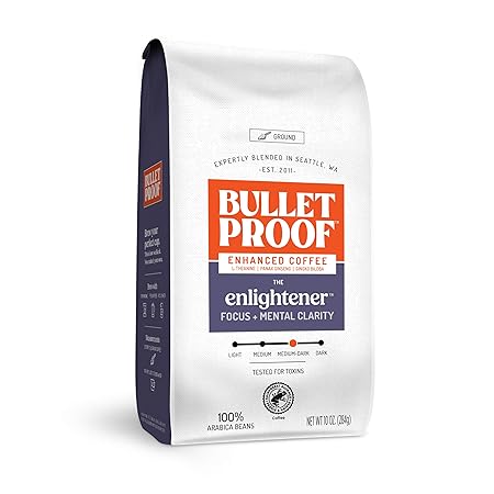 Bulletproof The Enlightener Ground Coffee, 10 Ounces, Medium-Dark Roast Enhanced Coffee with L-Theanine, Panax Ginseng and Gingko Biloba, Supports Mental Clarity, Focus, and Memory