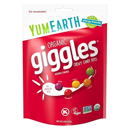 YumEarth Organic Giggles Chewy Candy – Allergy Friendly, No Artificial Dyes, Non GMO, Gluten Free, Fruit Flavored, Vegan Candy Snacks with No Artificial Flavors, 5 oz (Pack of 1)