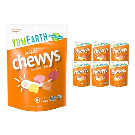 YumEarth Organic Fruit Chews - Fruit Flavored Candy Chews, No Dye, Allergy Friendly, Gluten Free, Non-GMO, Vegan Candy with No Artificial Flavors, 5 ounce (Pack of 6)