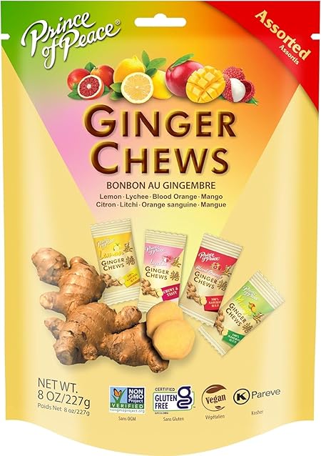 Prince of Peace Ginger Chews Assorted Flavors, 8 oz - Lemon, Lychee, Blood Orange, Mango - Candied Ginger Variety Pack - Natural Candy Pack