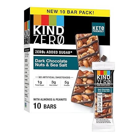 KIND ZERO Added Sugar Bars, Keto Snack, Dark Chocolate Nuts and Sea Salt, Good Source of Fiber, Gluten Free, Low Sugar, 6g Protein, 10 Count