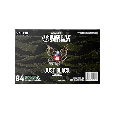 Black Rifle Coffee Company Just Black, 84 Count, Medium Roast K Cups - Single Serve K Cups Coffee Pods - Kcup Pods Compatible with Keurig 1.0 & 2.0 - Made from Arabica Beans