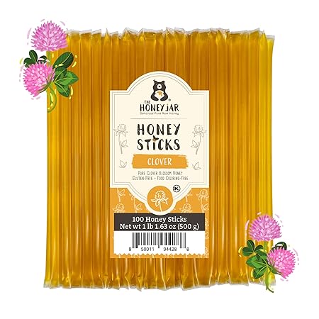The Honey Jar Plain Honey Sticks - Pure Honey Straws For Tea, Coffee, or a Healthy Treat - One Teaspoon of Flavored Honey Per Stick - Made In The USA with Real Honey - (100 Count)